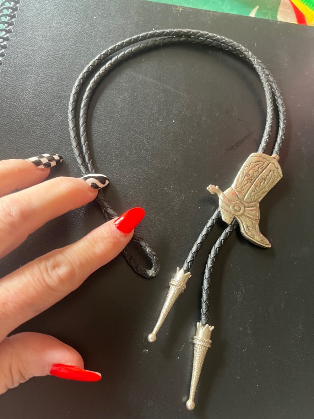 Western Boot Bolo Tie - Black Braided Cord with Silver Boot Slide